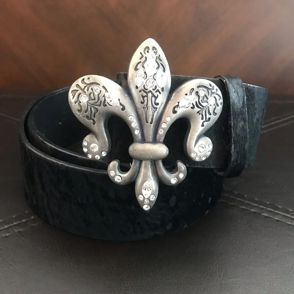 Royal Plush Fleur De Lis Swarovski Belt Buckle w/ Leather & Calf hair Belt Loop.